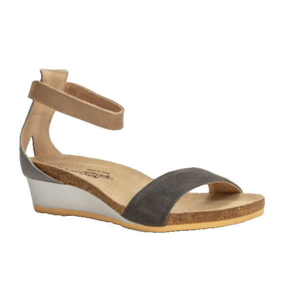 Naot Pixie Ankle Strap Wedge Sandal Size 40 Black Slate Beige Leather Comfort - Picture 1 of 9